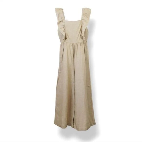 Madewell Linen Blend Ruffle Tie Back Wide Leg Jumpsuit in Seed Khaki Size 10 - Picture 4 of 12